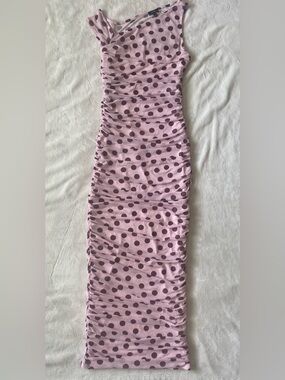 AFRM Biona Rose Dot One Shoulder Ruched Mesh Maxi Dress M